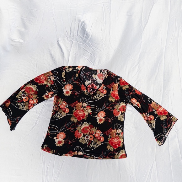 y2k flower print long sleeve blouse black and red JKLA size large petite - Picture 1 of 4